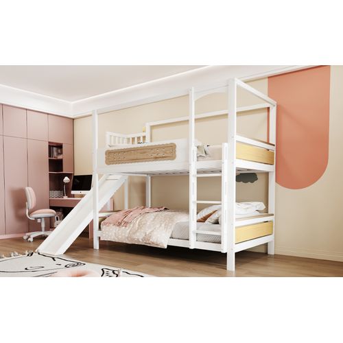 Lit Superposé Enfant 90x200 Cm Maison Avec Toboggan, Garde-corps Et Échelle Large Blanc