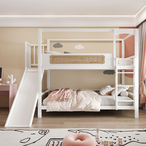 Lit Superposé Enfant 90x200 Cm Maison Avec Toboggan, Garde-corps Et Échelle Large Blanc