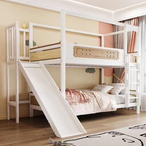Lit Superposé Enfant 90x200 Cm Maison Avec Toboggan, Garde-corps Et Échelle Large Blanc