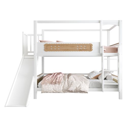 Lit Superposé Enfant 90x200 Cm Maison Avec Toboggan, Garde-corps Et Échelle Large Blanc