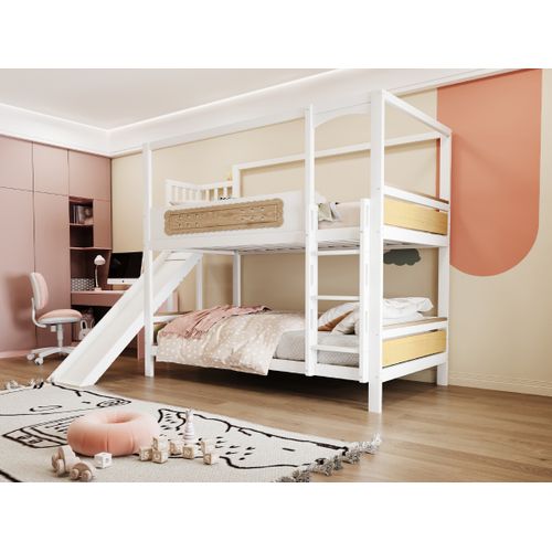 Lit Superposé Enfant 90x200 Cm Maison Avec Toboggan, Garde-corps Et Échelle Large Blanc