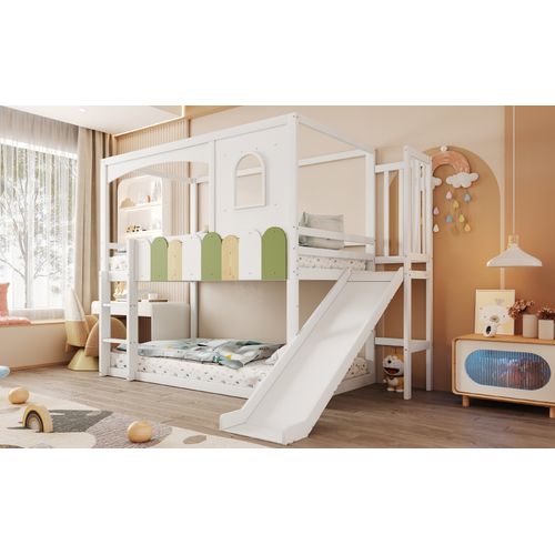 Lit Superposé Enfant 90x200 Cm Maison Avec Fenêtres, Couleurs Vives, Toboggan Blanc