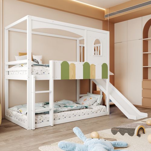 Lit Superposé Enfant 90x200 Cm Maison Avec Fenêtres, Couleurs Vives, Toboggan Blanc