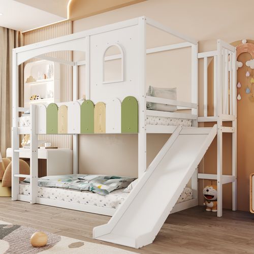 Lit Superposé Enfant 90x200 Cm Maison Avec Fenêtres, Couleurs Vives, Toboggan Blanc