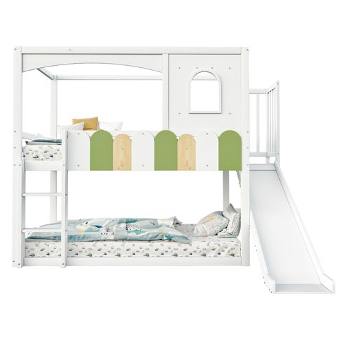 Lit Superposé Enfant 90x200 Cm Maison Avec Fenêtres, Couleurs Vives, Toboggan Blanc