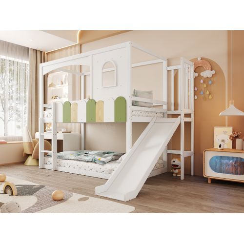Lit Superposé Enfant 90x200 Cm Maison Avec Fenêtres, Couleurs Vives, Toboggan Blanc