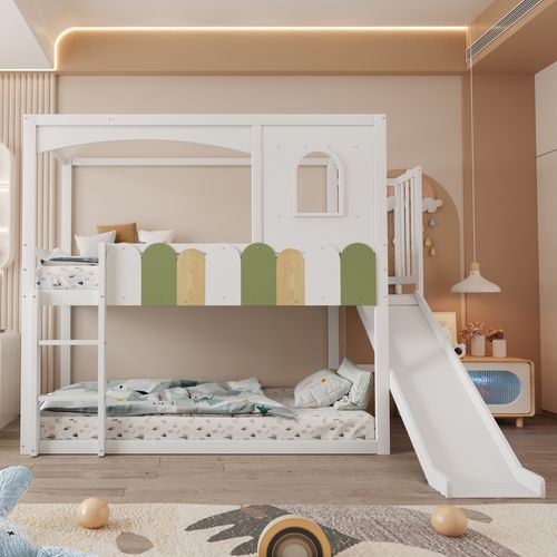 Lit Superposé Enfant 90x200 Cm Maison Avec Fenêtres, Couleurs Vives, Toboggan Blanc