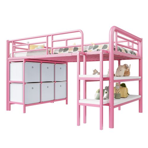 Lit Mezzanine Enfant 90x200 Cm Métal Rose Avec Tiroirs, Étagères Et Escalier Large