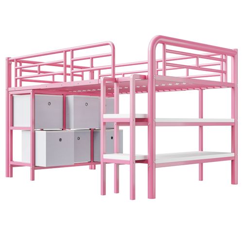 Lit Mezzanine Enfant 90x200 Cm Métal Rose Avec Tiroirs, Étagères Et Escalier Large