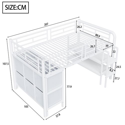 Lit Mezzanine Enfant 90x200 Cm Métal Blanc Avec Tiroirs, Étagères Et Escalier Large