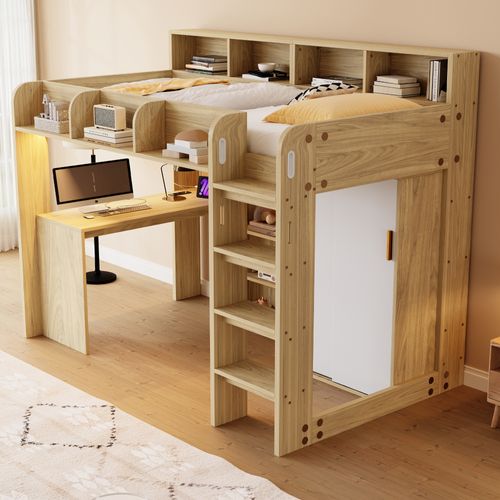 Lit Mezzanine 90x200 Cm Bois Avec Bureau, Armoire, Rangement Et LED Intégrée