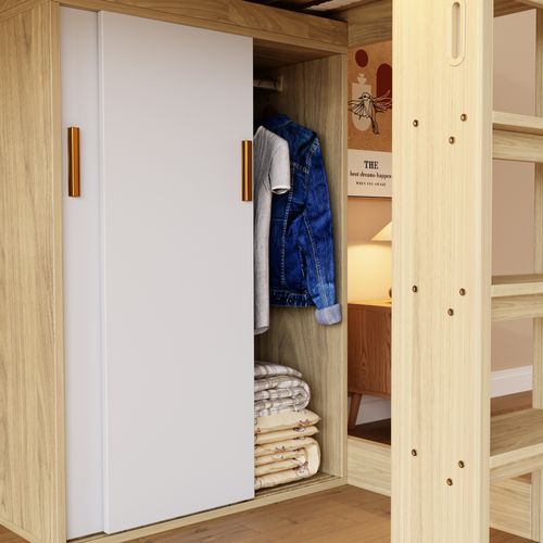 Lit Mezzanine 90x200 Cm Bois Avec Bureau, Armoire, Rangement Et LED Intégrée