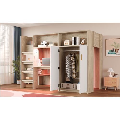 Lit Mezzanine 90x200 Cm Bois Avec Bureau, Rangement Et LED Pour Chambre Moderne