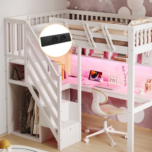 Lit Mezzanine 90x200 Cm Bois Blanc Avec Escalier Rangement, Bureau Et LED