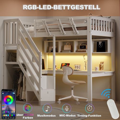 Lit Mezzanine 90x200 Cm Bois Blanc Avec Escalier Rangement, Bureau Et LED
