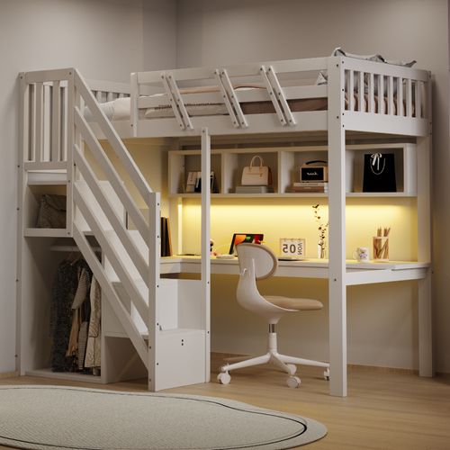 Lit Mezzanine 90x200 Cm Bois Blanc Avec Escalier Rangement, Bureau Et LED