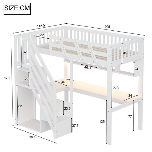 Lit Mezzanine 90x200 Cm Bois Blanc Avec Escalier Rangement, Bureau Et LED