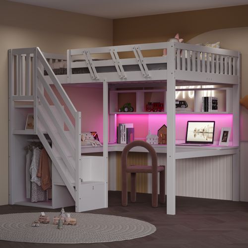 Lit Mezzanine 140x200 Cm Bois Blanc Avec Escalier Rangement, Bureau Et LED