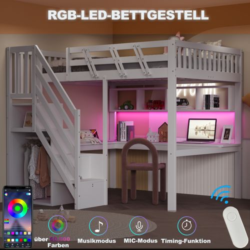 Lit Mezzanine 140x200 Cm Bois Blanc Avec Escalier Rangement, Bureau Et LED