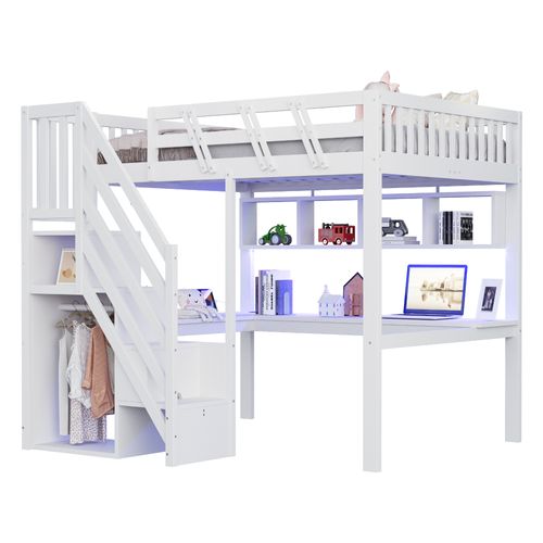 Lit Mezzanine 140x200 Cm Bois Blanc Avec Escalier Rangement, Bureau Et LED