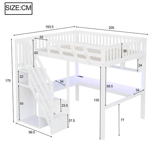 Lit Mezzanine 140x200 Cm Bois Blanc Avec Escalier Rangement, Bureau Et LED