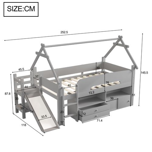 Lit Enfant 90x200 Cm En Bois Gris Avec Toboggan, Rangement Et Espace Jeu