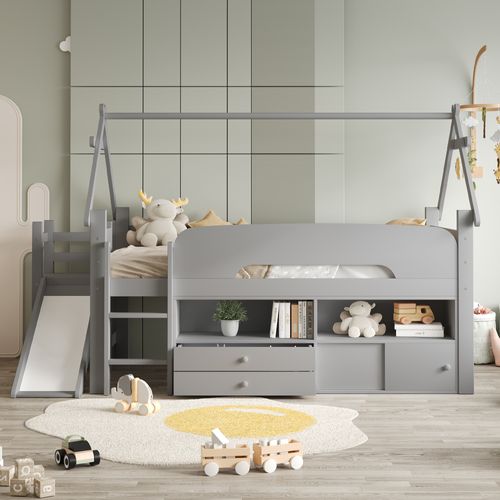 Lit Enfant 90x200 Cm En Bois Gris Avec Toboggan, Rangement Et Espace Jeu