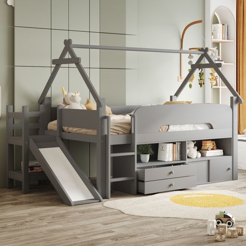 Lit Enfant 90x200 Cm En Bois Gris Avec Toboggan, Rangement Et Espace Jeu