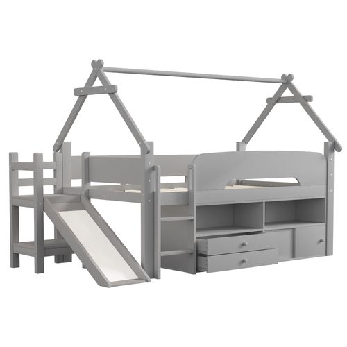 Lit Enfant 90x200 Cm En Bois Gris Avec Toboggan, Rangement Et Espace Jeu