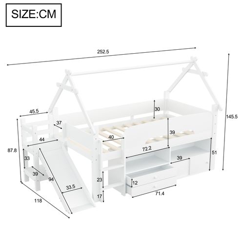 Lit Enfant 90x200 Cm En Bois Blanc Avec Toboggan, Rangement Et Espace Jeu