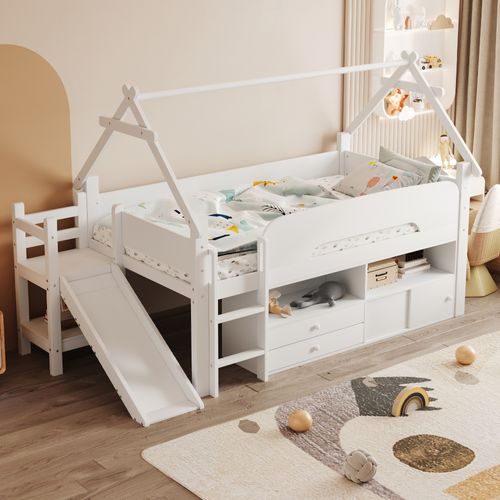 Lit Enfant 90x200 Cm En Bois Blanc Avec Toboggan, Rangement Et Espace Jeu