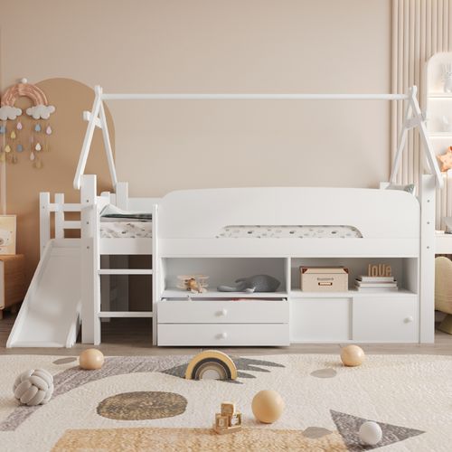 Lit Enfant 90x200 Cm En Bois Blanc Avec Toboggan, Rangement Et Espace Jeu
