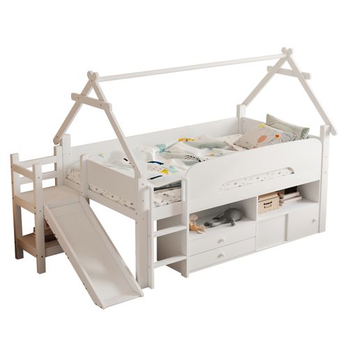 Lit Enfant 90x200 Cm En Bois Blanc Avec Toboggan, Rangement Et Espace Jeu