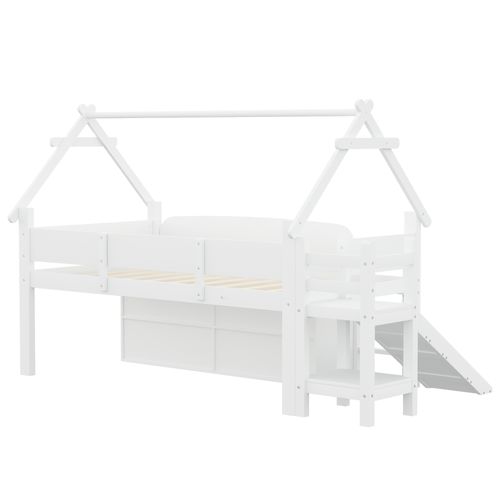 Lit Enfant 90x200 Cm En Bois Blanc Avec Toboggan, Rangement Et Espace Jeu