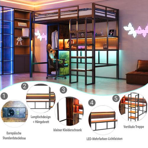 Lit Mezzanine Métallique 90x200 Avec Bureau, LED Et Armoire Intégrée