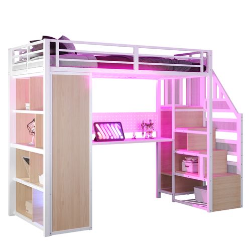 Lit Mezzanine Métallique 90x200 Avec Bureau, LED Multicolore Et Rangement Intégré, Blanc
