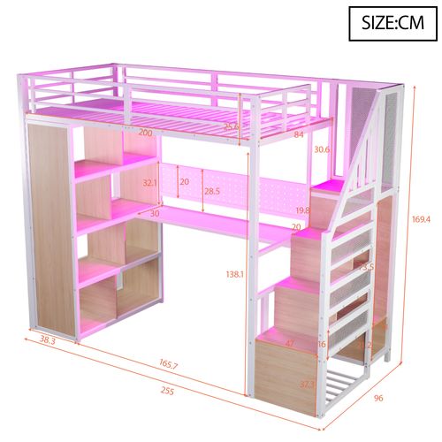 Lit Mezzanine Métallique 90x200 Avec Bureau, LED Multicolore Et Rangement Intégré, Blanc