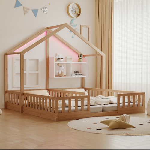Lit Enfant Double 90x200 Cm Bois Naturel, Maison Avec LED Et Rangements Sécurisés