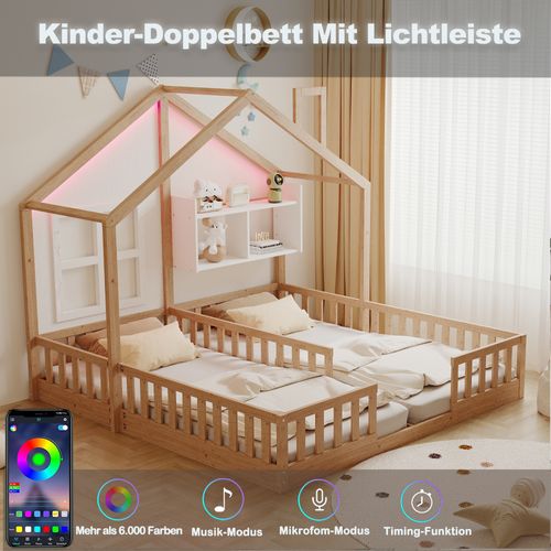 Lit Enfant Double 90x200 Cm Bois Naturel, Maison Avec LED Et Rangements Sécurisés