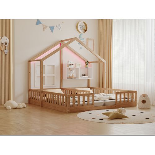 Lit Enfant Double 90x200 Cm Bois Naturel, Maison Avec LED Et Rangements Sécurisés