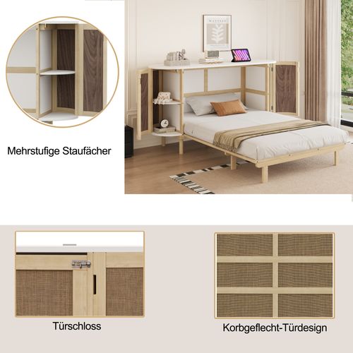 Lit Escamotable Mural 140x200 Cm Bois Naturel Avec Rangement Et Design Rotin