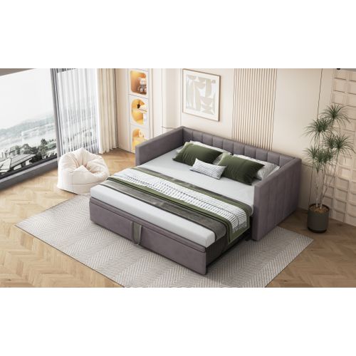 Lit Gigogne 90/180x200 Cm En Velours Gris, Multi-fonction Et Gain De Place