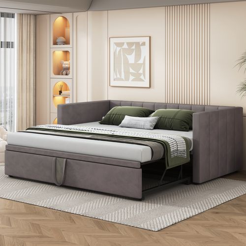 Lit Gigogne 90/180x200 Cm En Velours Gris, Multi-fonction Et Gain De Place