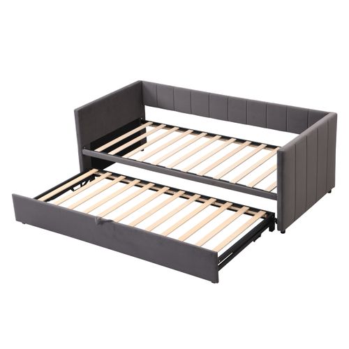 Lit Gigogne 90/180x200 Cm En Velours Gris, Multi-fonction Et Gain De Place