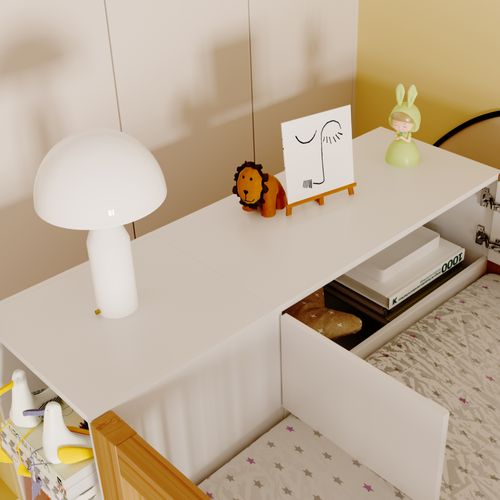 Lit Mezzanine 90x200 Blanc Et Bois Naturel Avec Rangements Et Armoire Intégrée