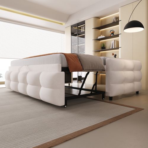 Lit Gigogne 90/180x190 Cm En Velours Teddy Beige Avec Sommier
