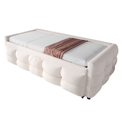 Lit Gigogne 90/180x190 Cm En Velours Teddy Beige Avec Sommier