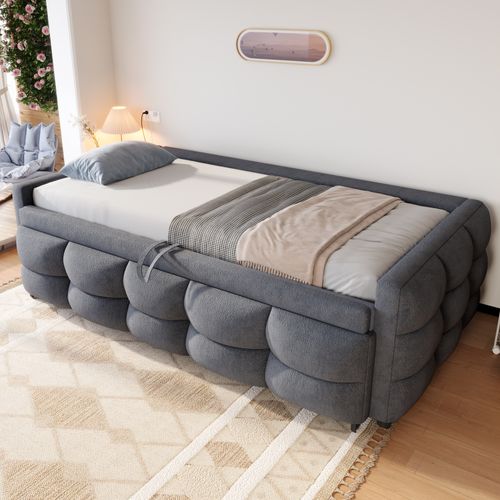 Lit Gigogne 90/180x190 Cm En Velours Teddy Gris Avec Sommier