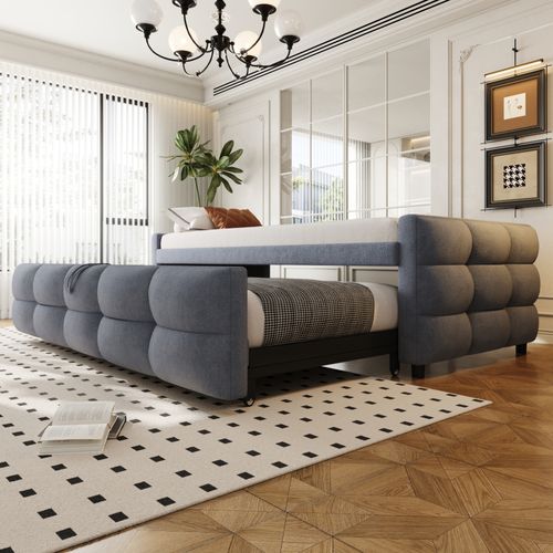 Lit Gigogne 90/180x190 Cm En Velours Teddy Gris Avec Sommier