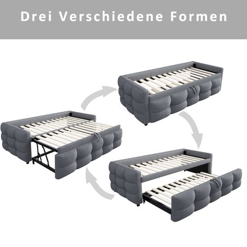 Lit Gigogne 90/180x190 Cm En Velours Teddy Gris Avec Sommier